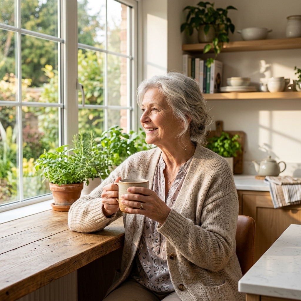 Happy senior woman cozy and comfortable at home